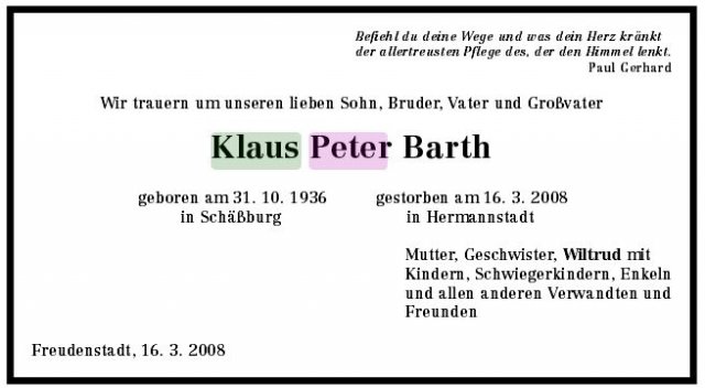 Barth Klaus Peter 1936-2008 Todesanzeige